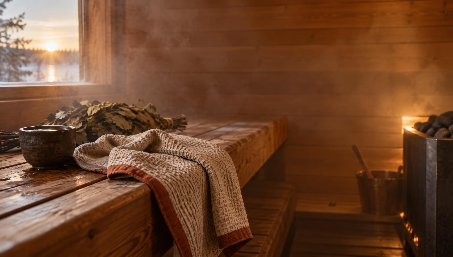 A Badhuis waffle towel resting on a cedar sauna bench in soft morning light