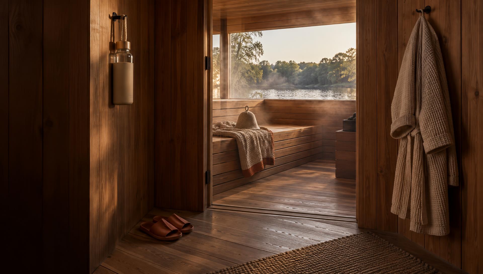 Badhuis sauna essentials arranged in a cedar hallway overlooking a riverside sauna
